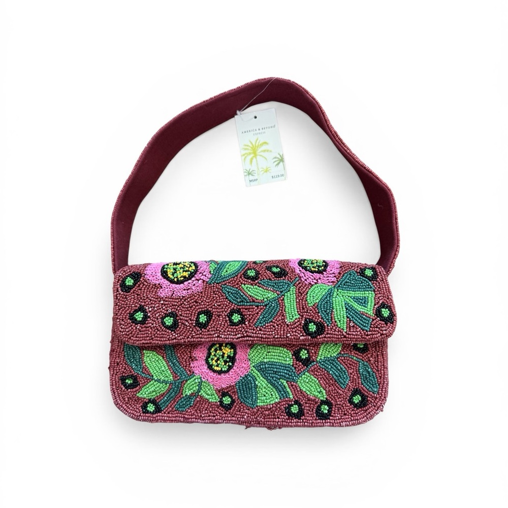 Embroidered Beaded Shoulder Bag in Maroon with Floral Accents